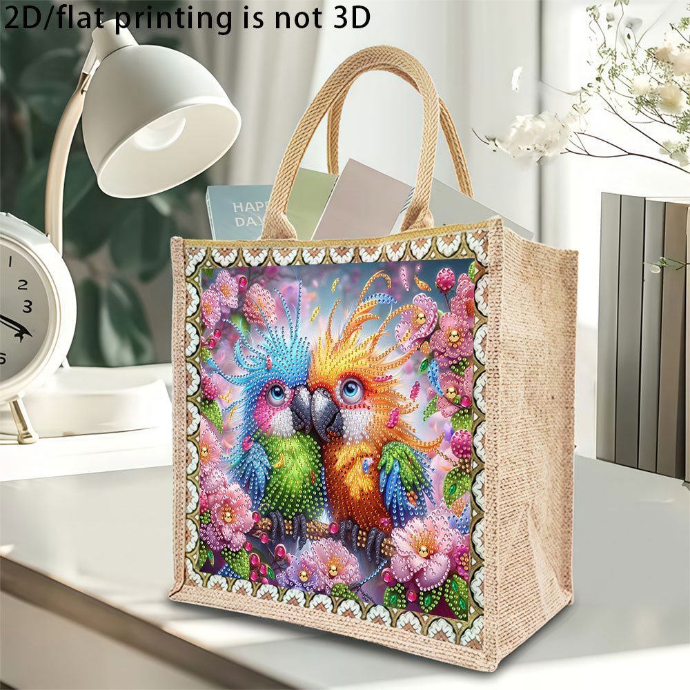 TEMU New Diy Diamond Painting Canvas Tote Bag, Featuring A Twin-colorful Parrot Surrounded By Pattern. This Tote Bag/storage Bag Is A Lightweight,