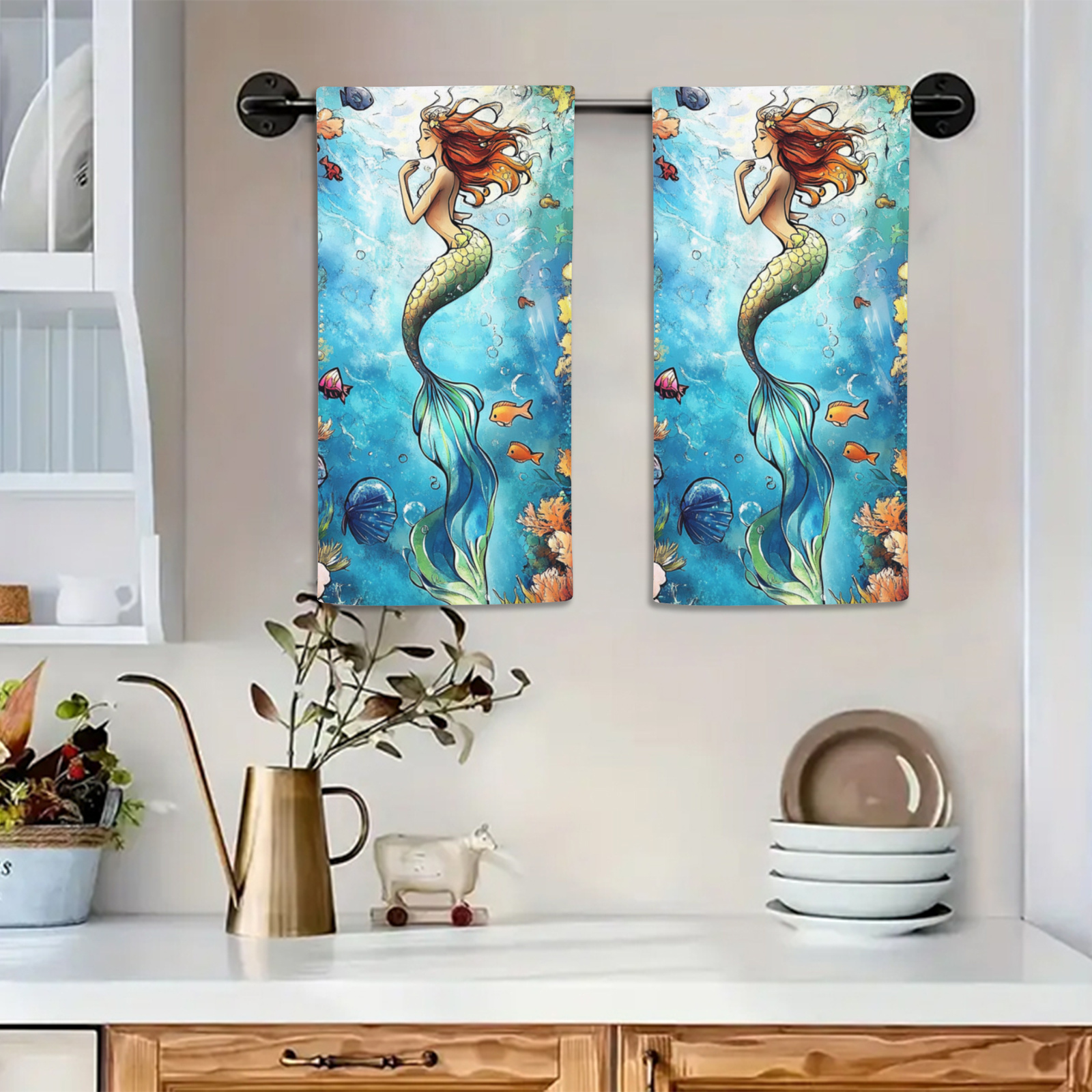 

2pcs Set Polyester Towels - 18x26 Inch, Deep Sea Mermaid Design For Decor