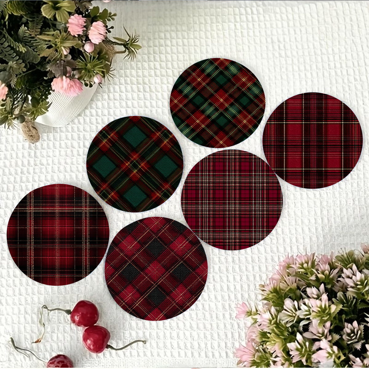 TEMU 6 pièces Sous-verres en Bois pour Maison & Cuisine - Protège-tables Antidérapants et Résistants à la Chaleur avec Coussinets à Carreaux Rouges,