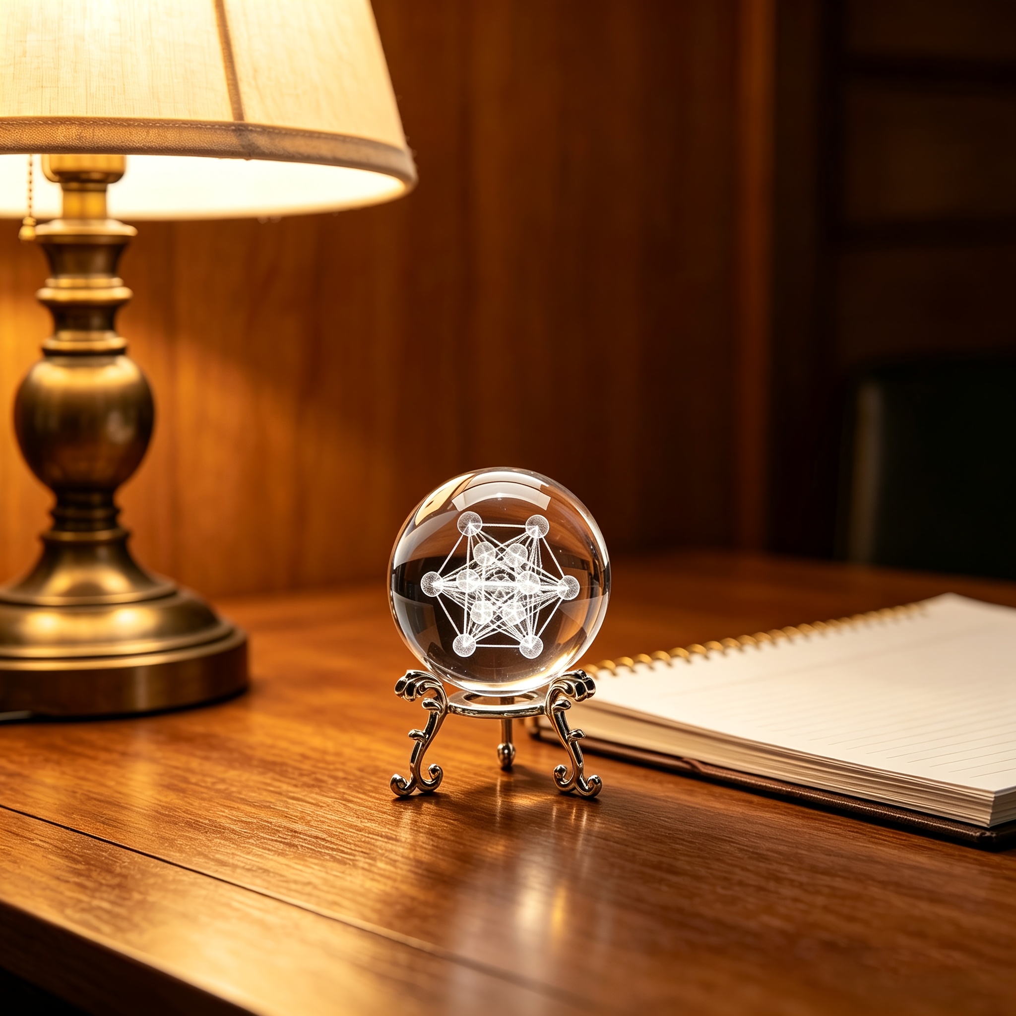 TEMU Ornement de boule de cristal cube de Métatron 3D sculpté à avec support argenté luxueux, artisanat de en verre transparent, ornement d' Shui de