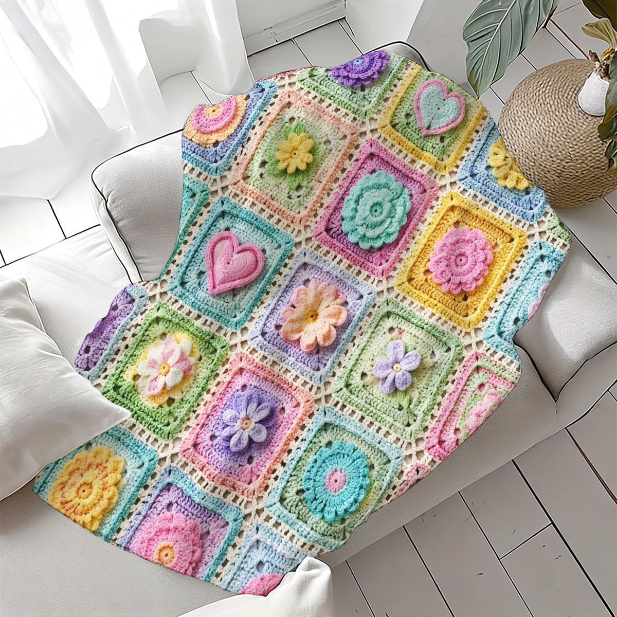 TEMU Crochet Flower Blanket, Korean Pastoral Style, Cute Floral And Heart Patterns, Flannel, Essential For Home Sofa, Warm For Office , Ideal For