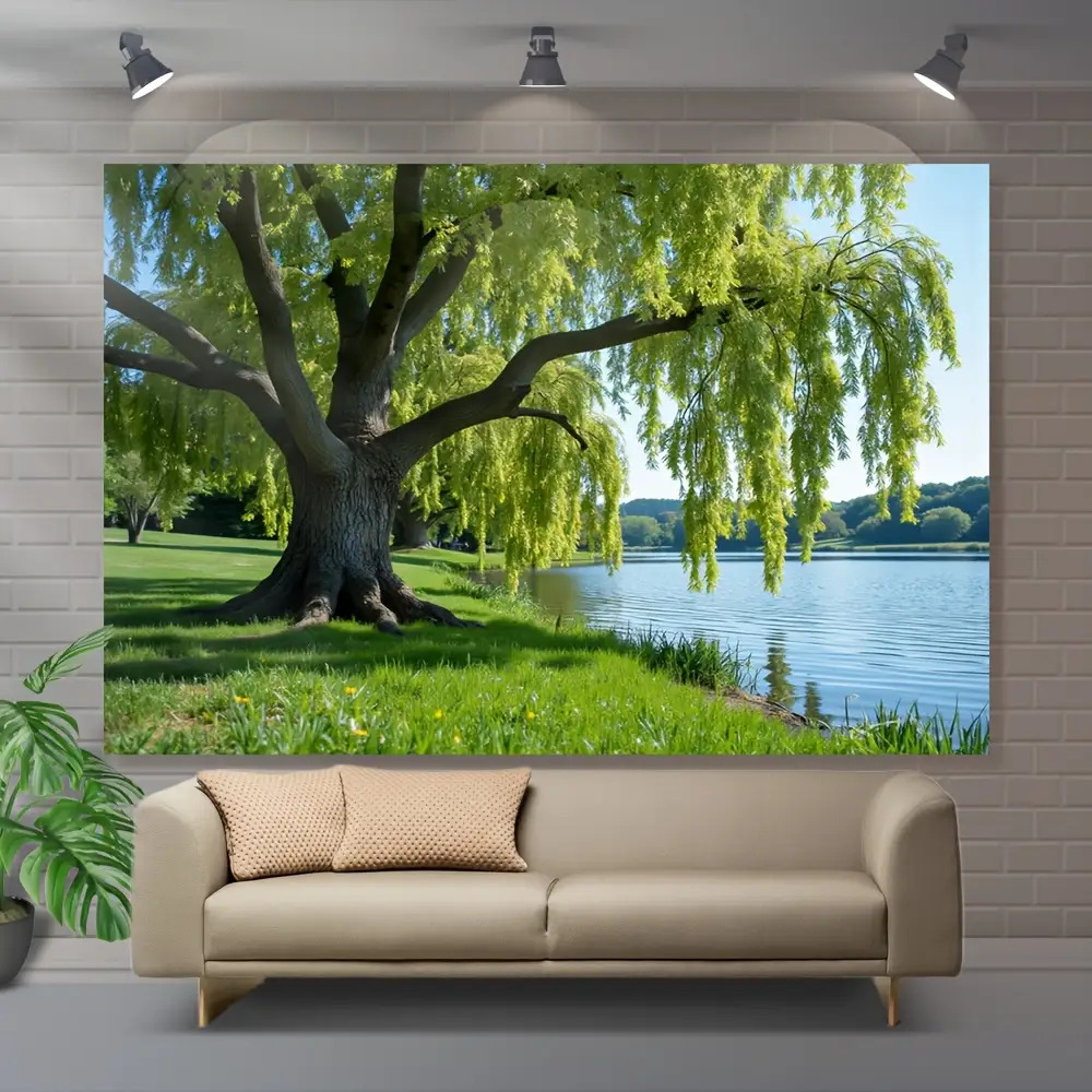 1pc large horizontal 3d trees and lake tapestry   nature wall mural with   green foliage durable polyester fabric for spring   decor calming   art for living room bedroom   peel stick installation no electricity required country style landscape wall hanging with vibrant 3d effect soft textured polyester material for home decor