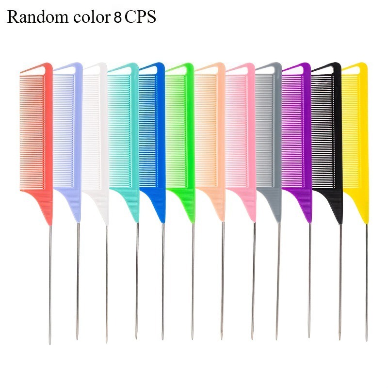 TEMU 8pcs Professional Fine-tooth Rat Tail Combs, Random Colors - Ergonomic Handle Combs, Metal Pins For Smooth Hair And Anti-static, Precision