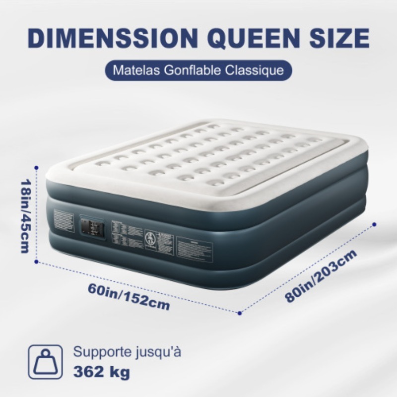 TEMU Matelas de camping gonflable à surface floquée 80*60*18in/75*39*18in, et fond en PVC, et foncé/bleu et blanc, avec sac de transport et trous