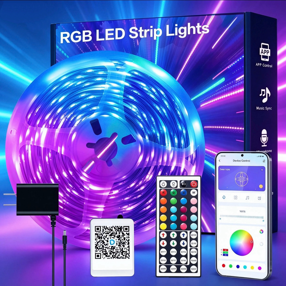 44 key remote led strip lights 50 100 130 200ft smart bluetooth app control music sync rgb color changing lights   bedroom gaming room living room kitchen party decoration dimmable  
