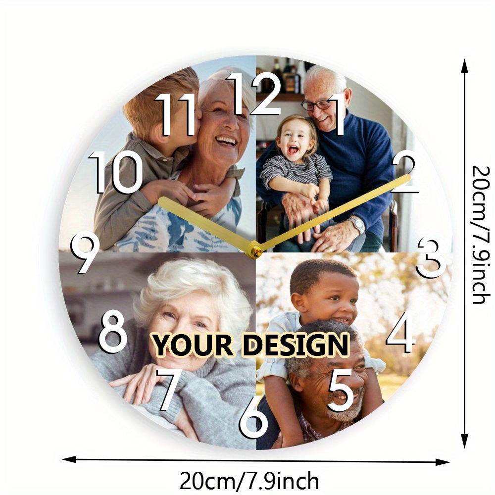 TEMU A Personalized Wall Clock Featuring 4 Photos And , With Elegant Black Numbers And A Custom Dial, With Wooden Prints. Perfect For Living Rooms,