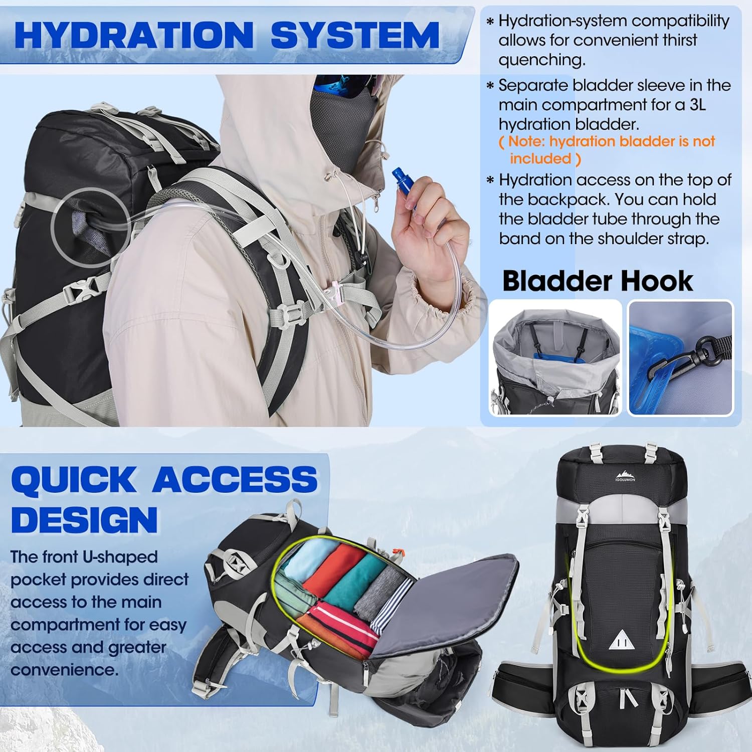 IGOLUMON 60L Hiking Backpack, Large Camping Rucksack for Men & Women