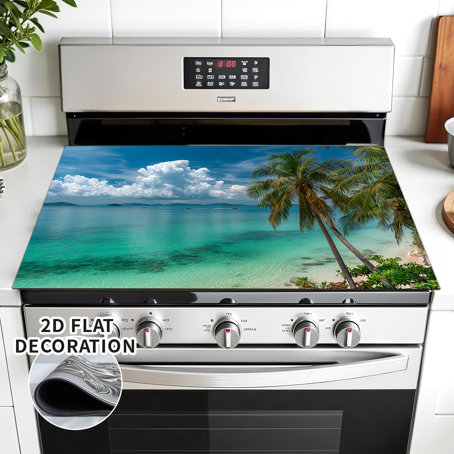 TEMU 2d Flat Classic Pattern One-piece Replacement Stove Decorative Cover - Featuring Sea, Palm Trees, And Clouds - For Induction Cooktop & Induction