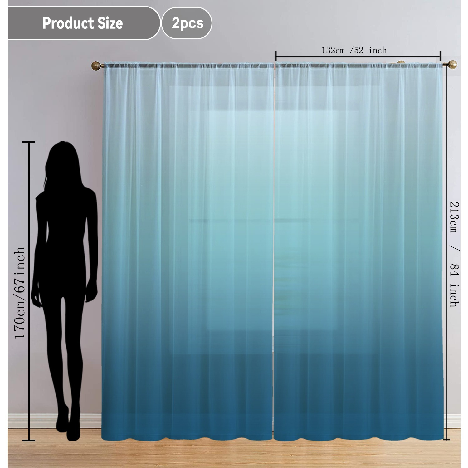 TEMU 2pcs Elegant Gradient Sheer Curtains - Soft Polyester, Rod For Easy Hanging, Living Room, Dining Area, Kitchen, And Bedroom Decor, Curtains For