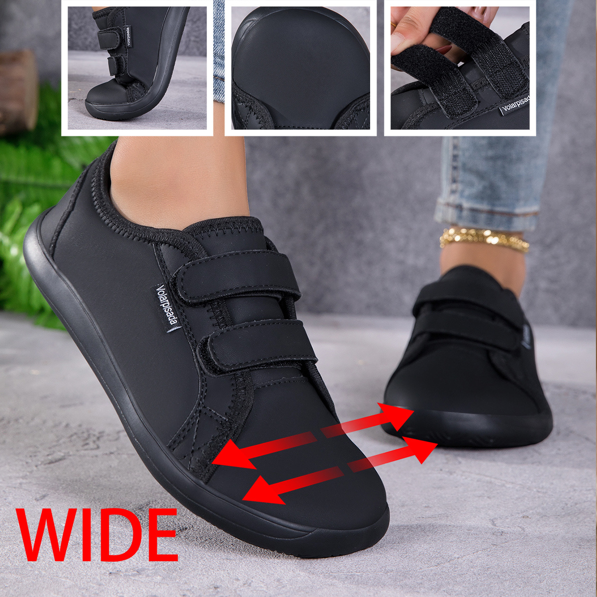Image of Women Extra Wide Toe Box Walking Sneakers, 3 Color Tan/ White/ Waterproof Pu Double Strap Casual Trainers, Adjustable 2 Hook And Loop Straps, Non-cramping Wide High Forefoot Space, Lightweight Text