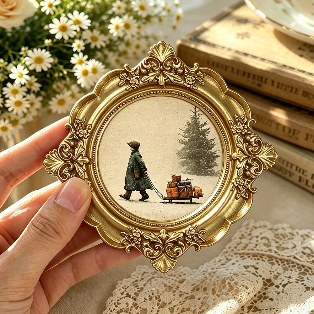 TEMU décoratif vintage encadré doré, paysage enneigé, enfant un traîneau, décoration murale , art mural de style pastoral, ornements de Noël de style