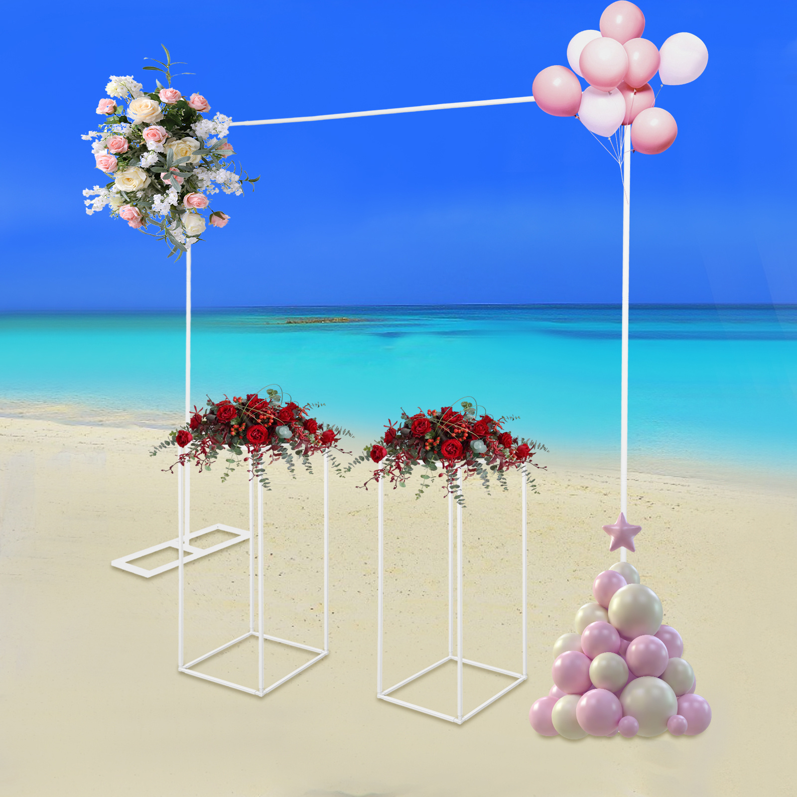 White Balloon Stand With Flower Stands, Metal Wedding Stand, Wedding Backdrop Stand