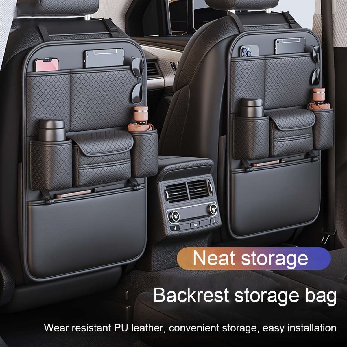 Multifunctional Thickened Flat Double Cup Car Rear Storage Bag with Multiple Pouches And Multifunctional Dual-Head Cleaning Soft Brush, Wear-Resistant Faux Leather Material, Easy to Install, Suitable for Most Car Models, Suitable for SUV, Truck