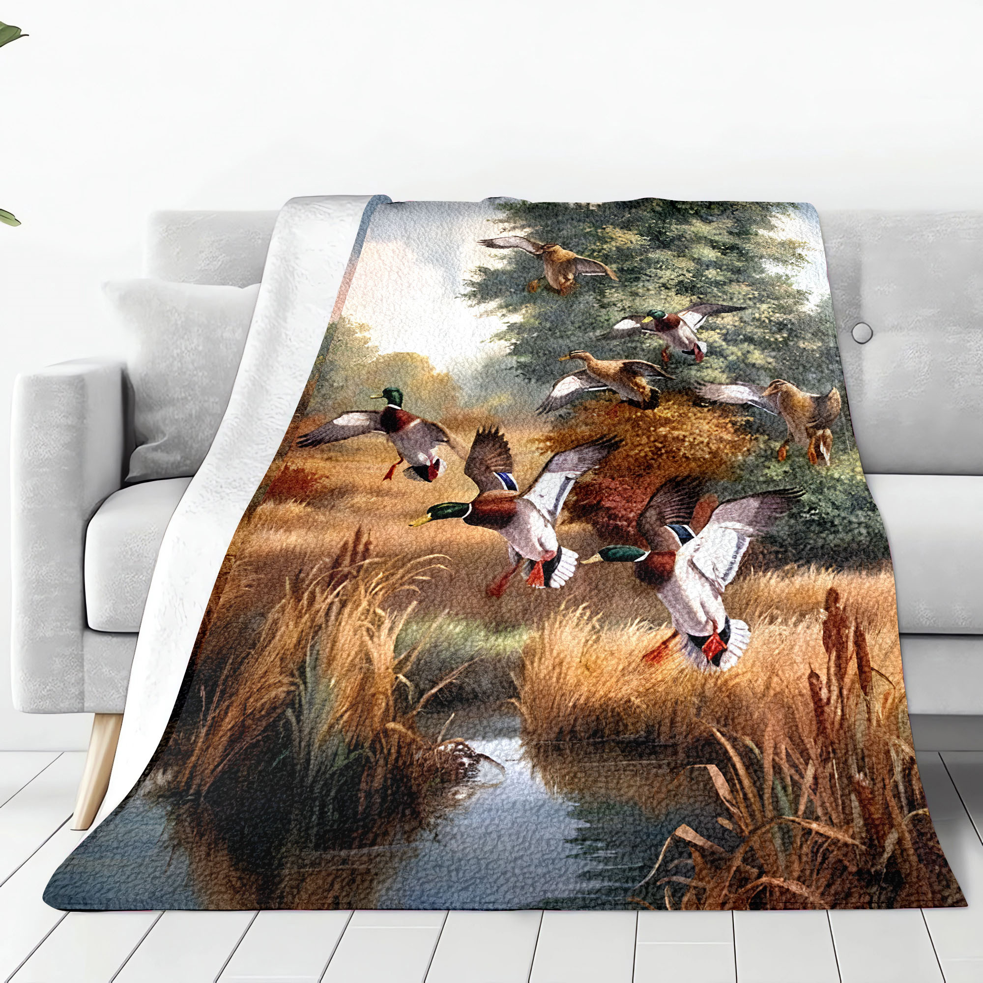 contemporary duck hunting pond design flannel throw blanket hypoallergenic   cozy bedding multipurpose travel camping throw   polyester with ideal gift for   details 3