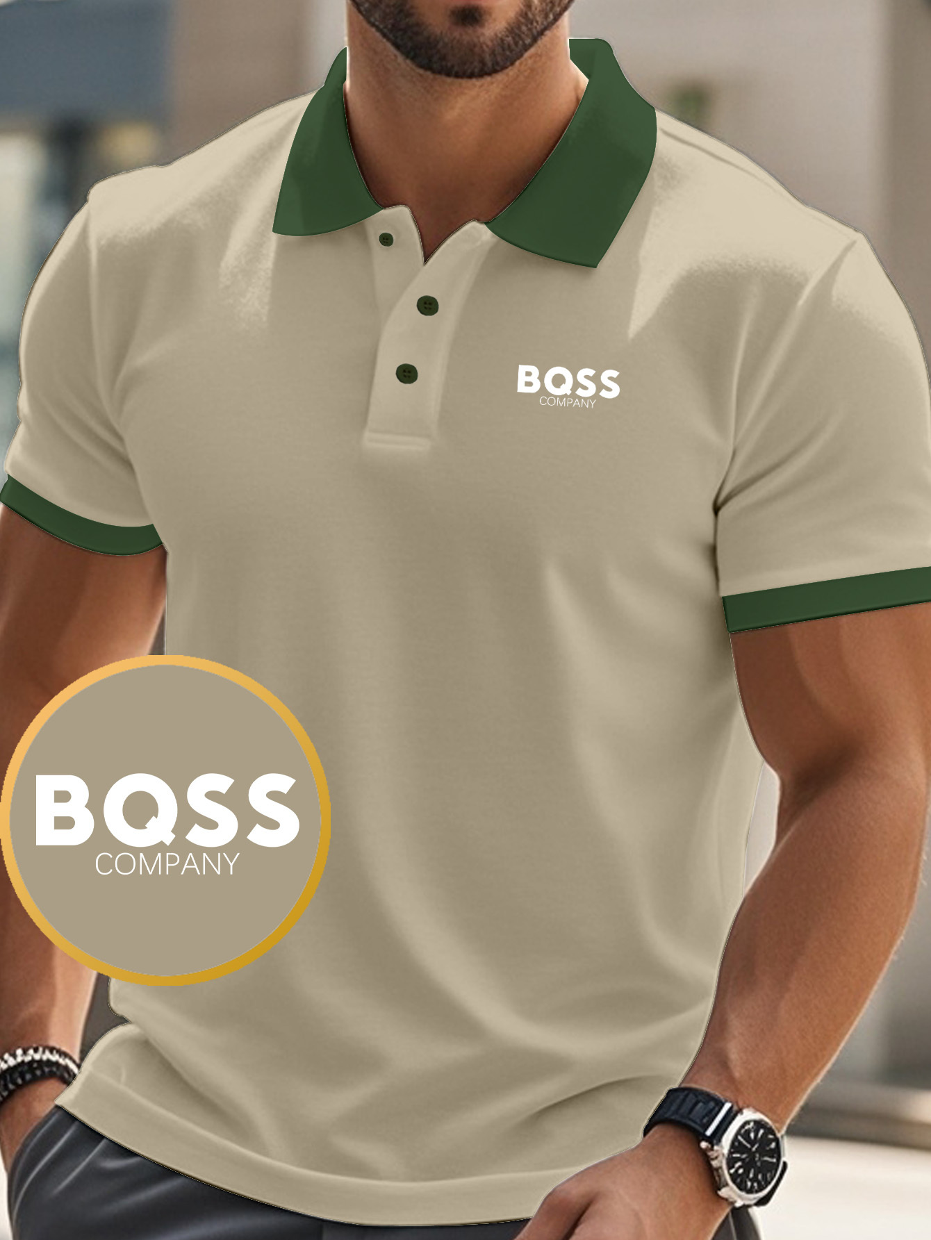 FF4518 Classic BQSS Print Men'S Golf Collar Polo Shirt | Durable, Elastic, Breathable, Short Sleeve, Suitable for All Seasons, Outdoor Leisure, Comfortable