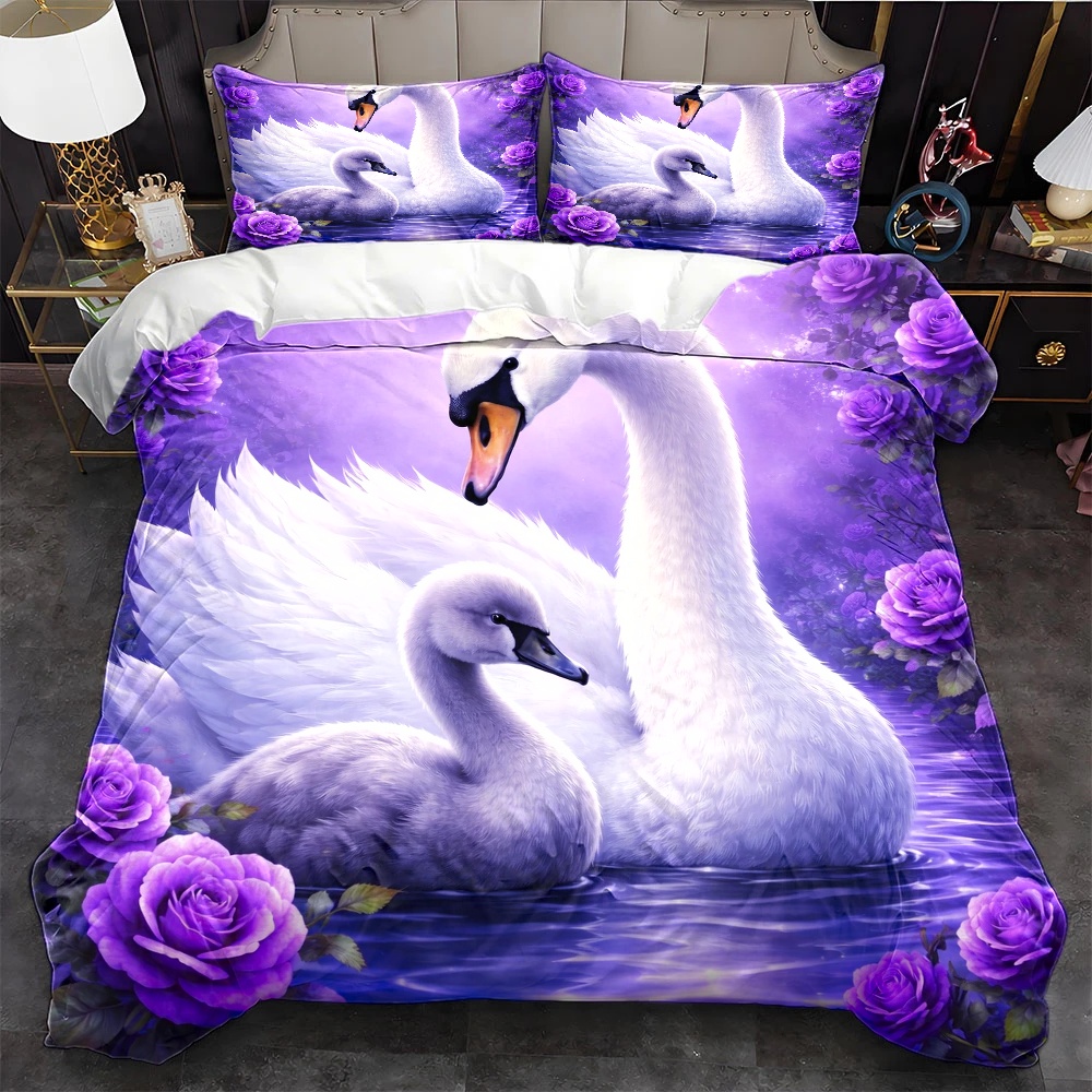 TEMU 3pcs Purple Swan Rose Print Duvet Cover Set, Bedding 3pcs Set (1*duvet Cover   2*pillowcases), Suitable For , Machine Washable, Invisible Zipper