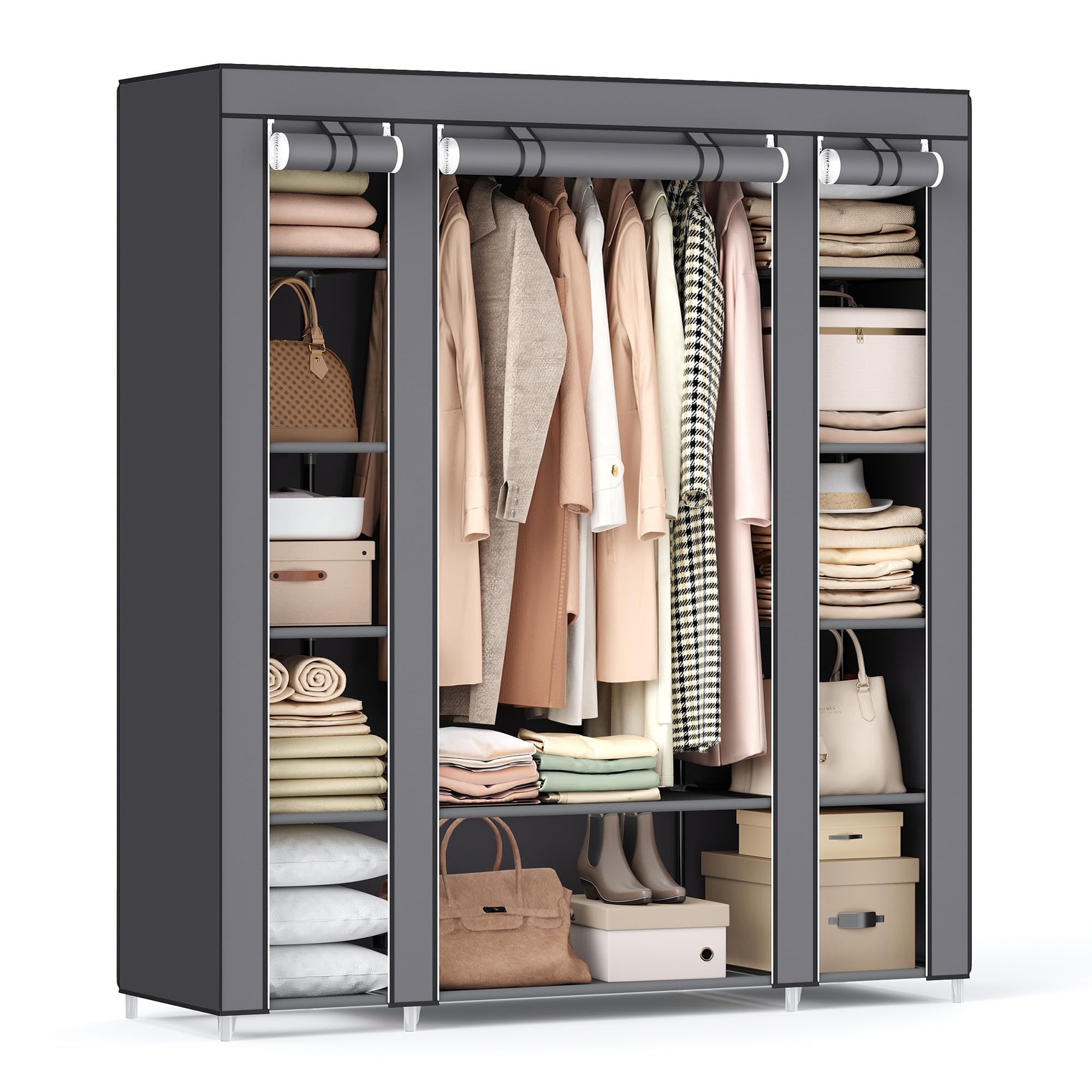 Wardrobe With Cover, Bedroom Closet Organizer, Portable Wardrobe With Clothes Rail, Clothes Hanging Rack, Closet Storage System, Home Furniture Clothing Organizer Storage, Gray&black