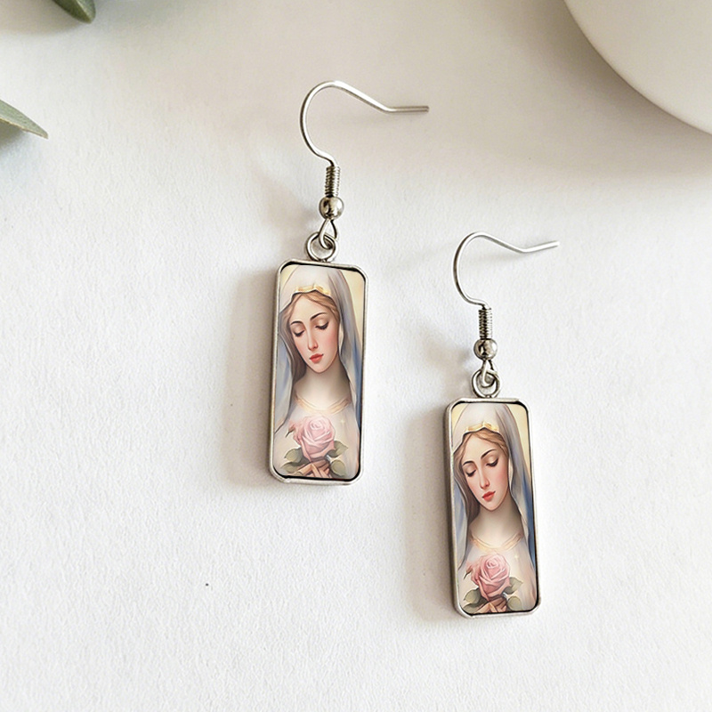 Holding Pink Rose Rectangular Glass Cabochon Dangle Earrings