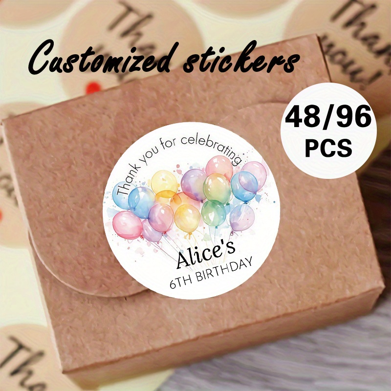 TEMU Custom 48/96pcs "balloon Celebration" Round Stickers, Customizable Content (e.g., Name, Date). Featuring Watercolor-style Colorful Balloons