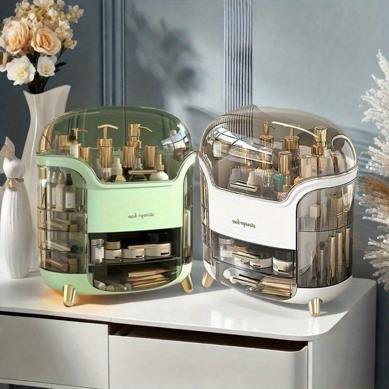 large capacity plastic cosmetic organizer with drawers & compartments - elegant pastel mint   portable makeup storage box, golden-  hardware, durable lightweight design for bathroom, vanity, bedroom - jewelry & accessory organizer, no power needed Product details 0