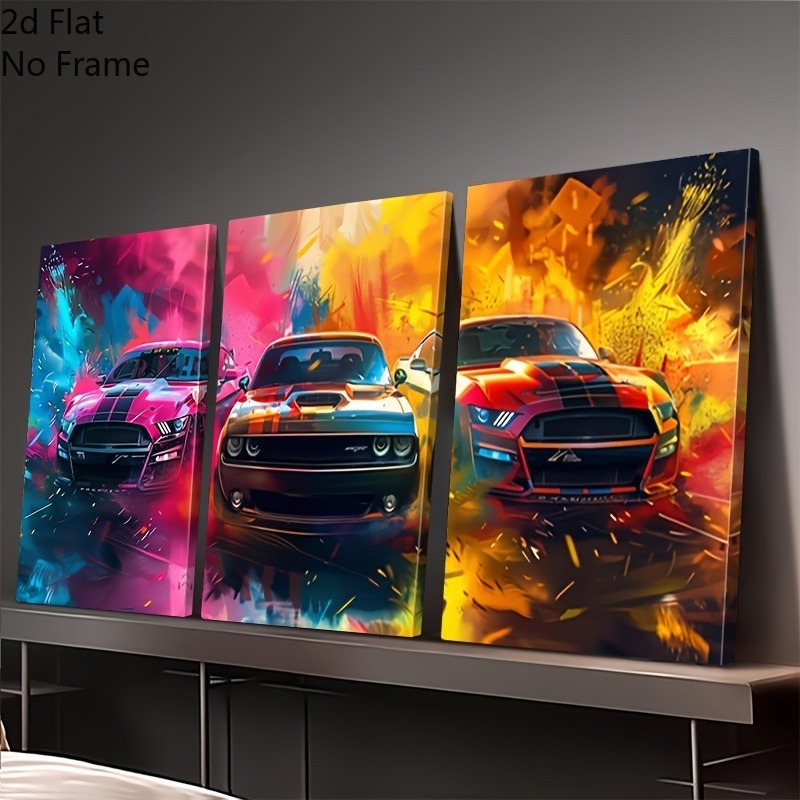 TEMU 2D Flat, 2D Flat, 3er Set 2D Leinwanddrucke mit Auto-Motiven, für Wohnkultur, Wandkunst und Raumdekoration. Hochauflösende Drucke sind Geschenke