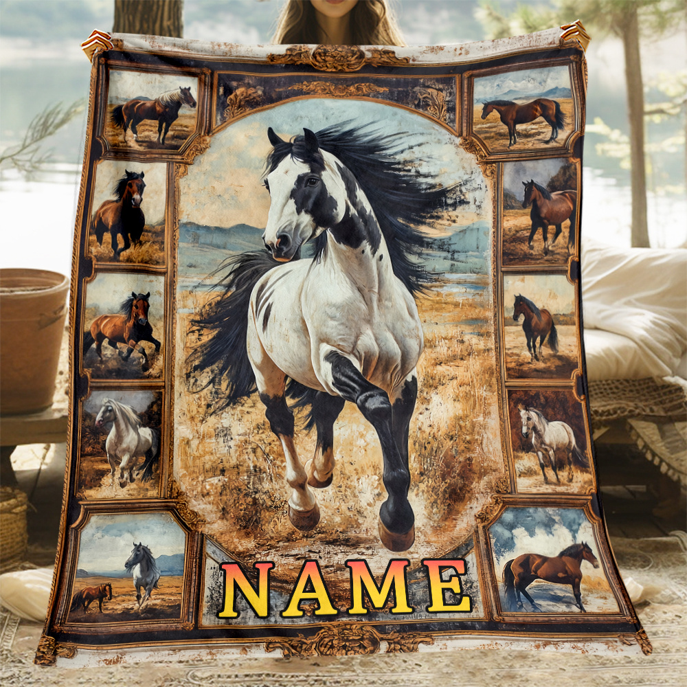 

1pc Customizable Horse-themed Polyester Fleece Blanket - Personalized Name, Flannel Throw For Sofa, Bed, Travel - Digital , No Feathers, Electricity-free, Ideal Adult Gift