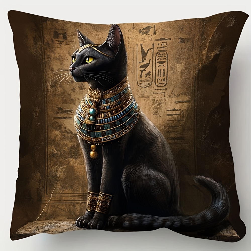 TEMU 1pc Pillowcase, Egyptian Cat Decorative Pillow Cover, Short Plush Single-sided Print, Zipper Closure, Machine Washable, Polyester - Perfect For
