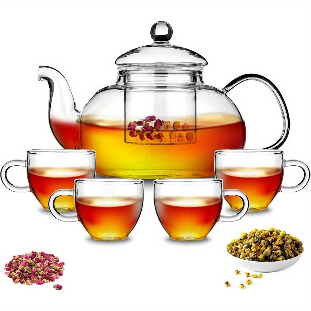 TEMU Glass Tea Pot With 4 Tea Cups, Removable Infuser, Blooming And Loose Leaf Tea Maker And Teacups Set, Stovetop Microwave Safe Tea Kettle