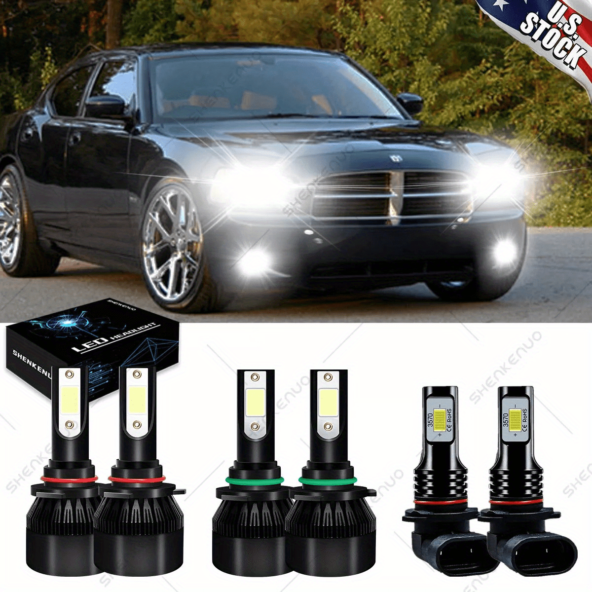 

6pcs Led Headlights Fog Bulbs For Dodge Charger 2006 2007 2008 2009, Battery