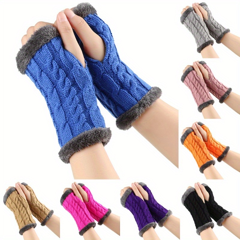 

A Pair Of Thickened Warm Fingerless Diamond Knitted Gloves For European And American Autumn And Winter With Fluffy Lining