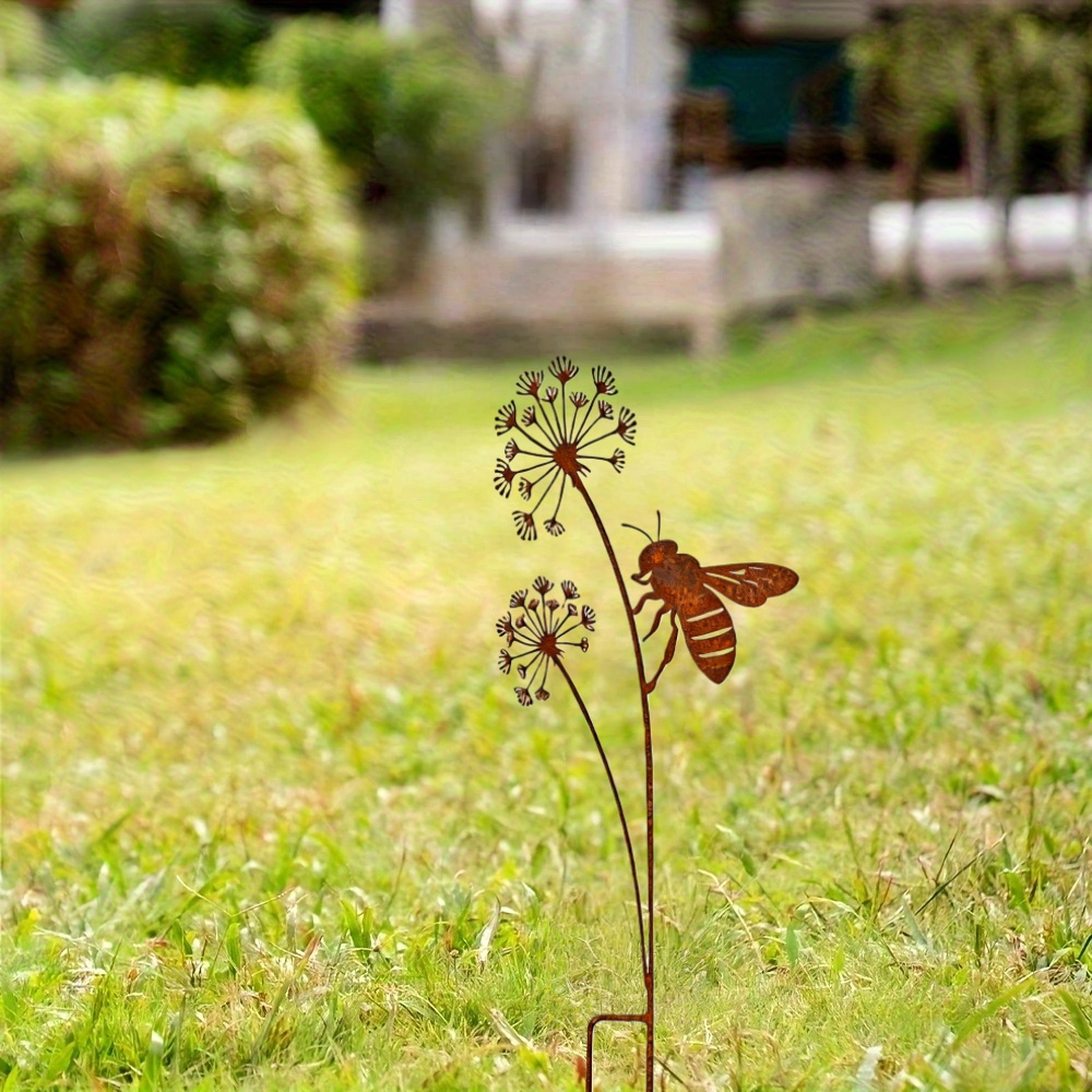 E-shop 2D Flach, [2D Flach] 1 Stück Rustikaler Eisen-Gartenstecker mit Löwenzahn & Biene - Rostfarbene Metall-Blumendekoration mit Bienenstock-