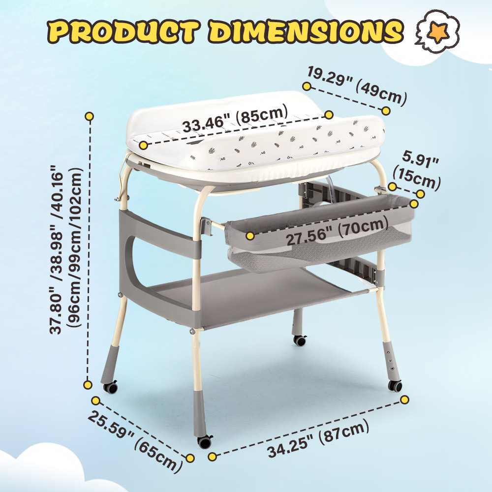 Foldable Baby Bathtub with Changing Table & Storage Shelf - Heavy-Duty Portable Bath Tub with Locking Wheels, Adjustable Height, Safety Harness & Diaper Changing Station, Space-Saving Design for Home, Travel, Nursery - Easy Assembly