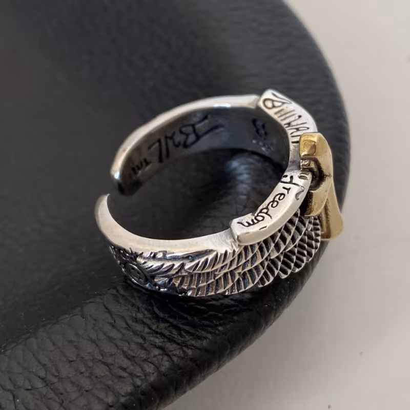 original retro wings cross graffiti letter opening ring domineering mens ring Product details 3
