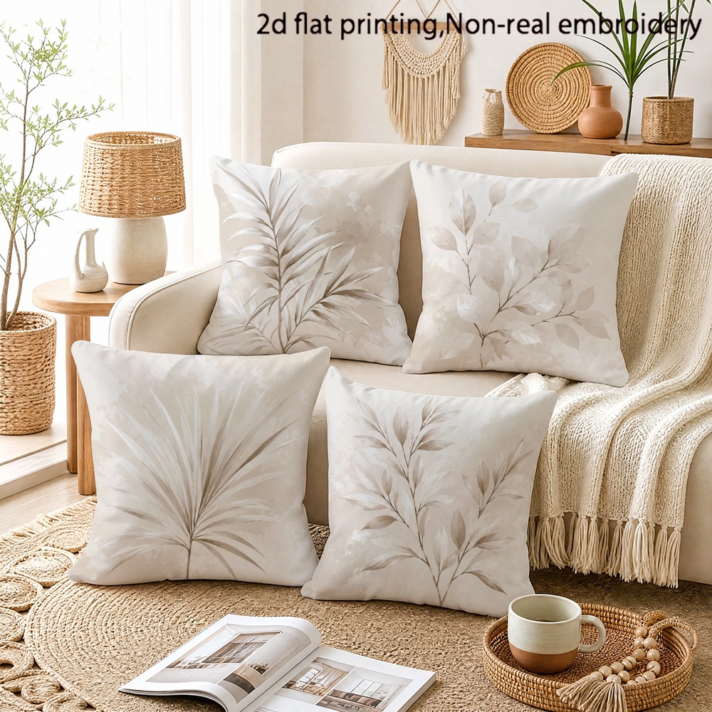 TEMU 4pcs, Casual Decorative Pillowcases, Light Beige Palm Branch Leaf Plant Pattern Printed Pillowcases, - Minimalist Style, Zipper Closure Covers,
