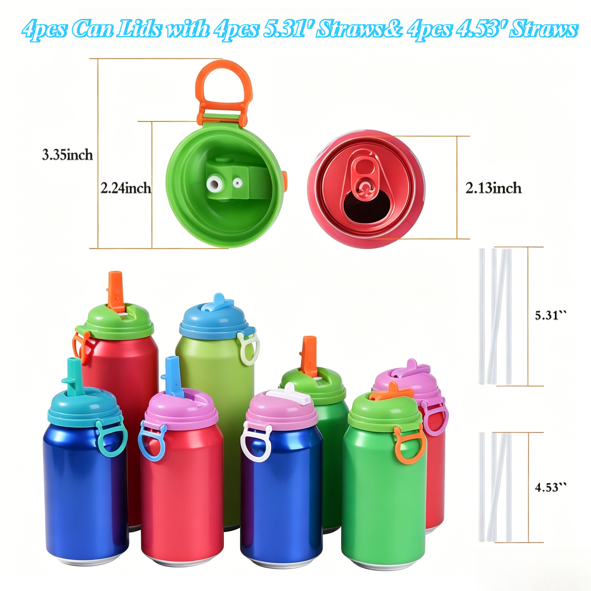 TEMU 4 Sets Reusable Can Lids With 4pcs 5.31' Straws And 4pcs 4.53' Straws, Leak-proof And Dust-proof, Universal Fit Different Bottles, For Home
