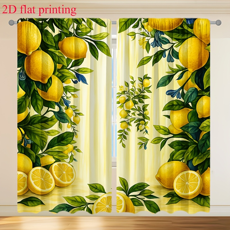 TEMU 2d Flat - 2d Flat - 2pcs 2d Printed 21.65x59in/55x150cm A 2 Flat Curtains In A Lemon Green Hue, With Vibrant Lemons, Lemon Slices, And Branches