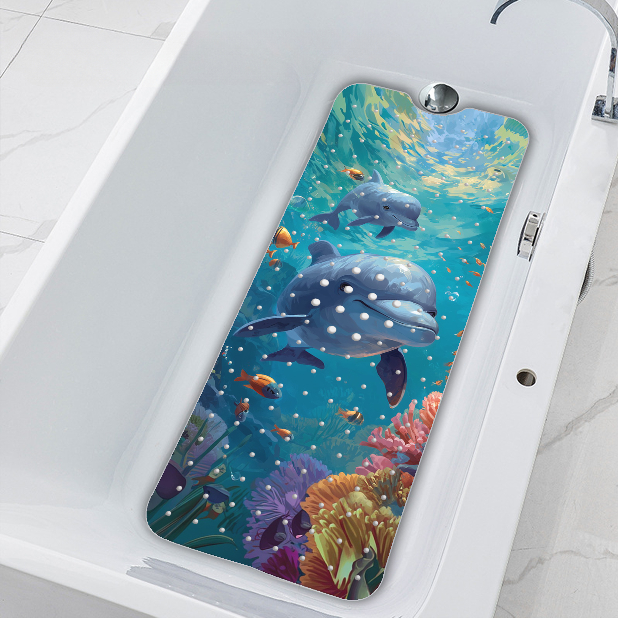 Image of Underwater Scene Featuring And Vibrant Fish. A Cartoon-themed Bath Mat With Suction Cups, Suitable For Machine Washing, Perfect For Use In Bathtubs, On Floors, Or As A Bathroom Accessory