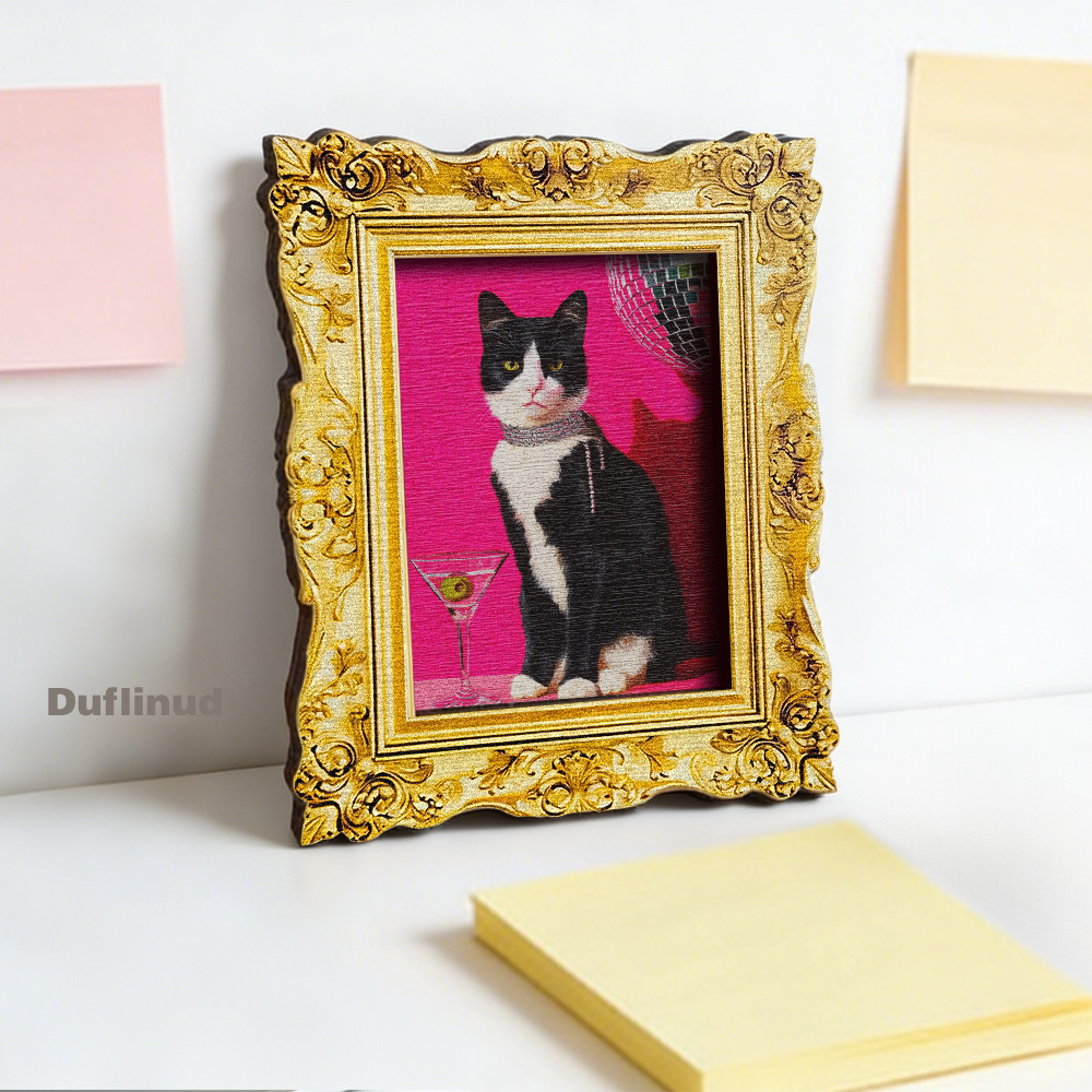 TEMU 1 stuks Houten Speelse Kat Koelkastmagneet, Miniatuur Decoratieve Schilderij, Zwart-Witte Kat met Sprankelende Ketting, Martini Glas in de Buis,