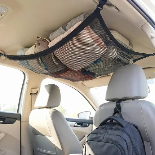 3pcs set adjustable multi layer car ceiling cargo mesh bag and 2 car storage hooks suitable for suvs and long distance travel storage bags