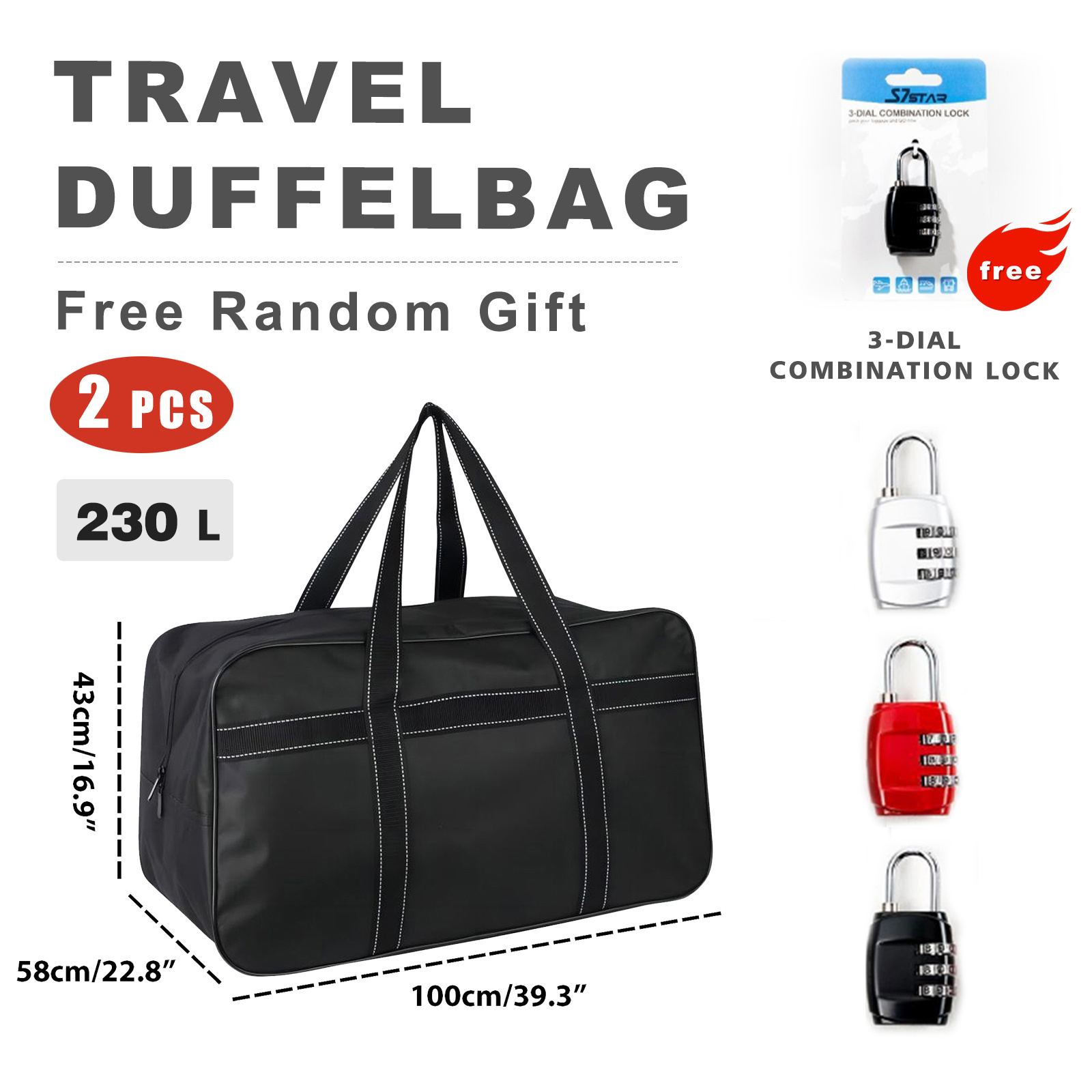 TEMU Approved By , This Black Handheld Travel Bag 5 Different Capacity (60l/90l/120l/170l/230l), With A Complimentary Combination Lock, And Is