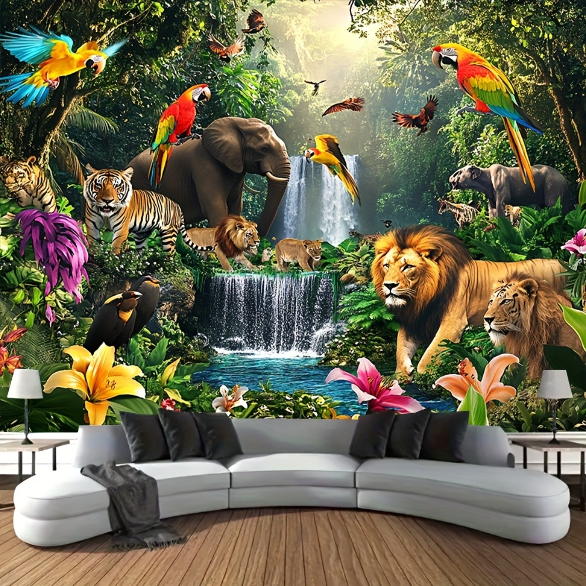 TEMU 2d Flat Banner 1pc Large Realistic Jungle Wildlife Background Cloth, Featuring African Wild Animals And Mural - Lion, Elephant, Giraffe, Zebra,