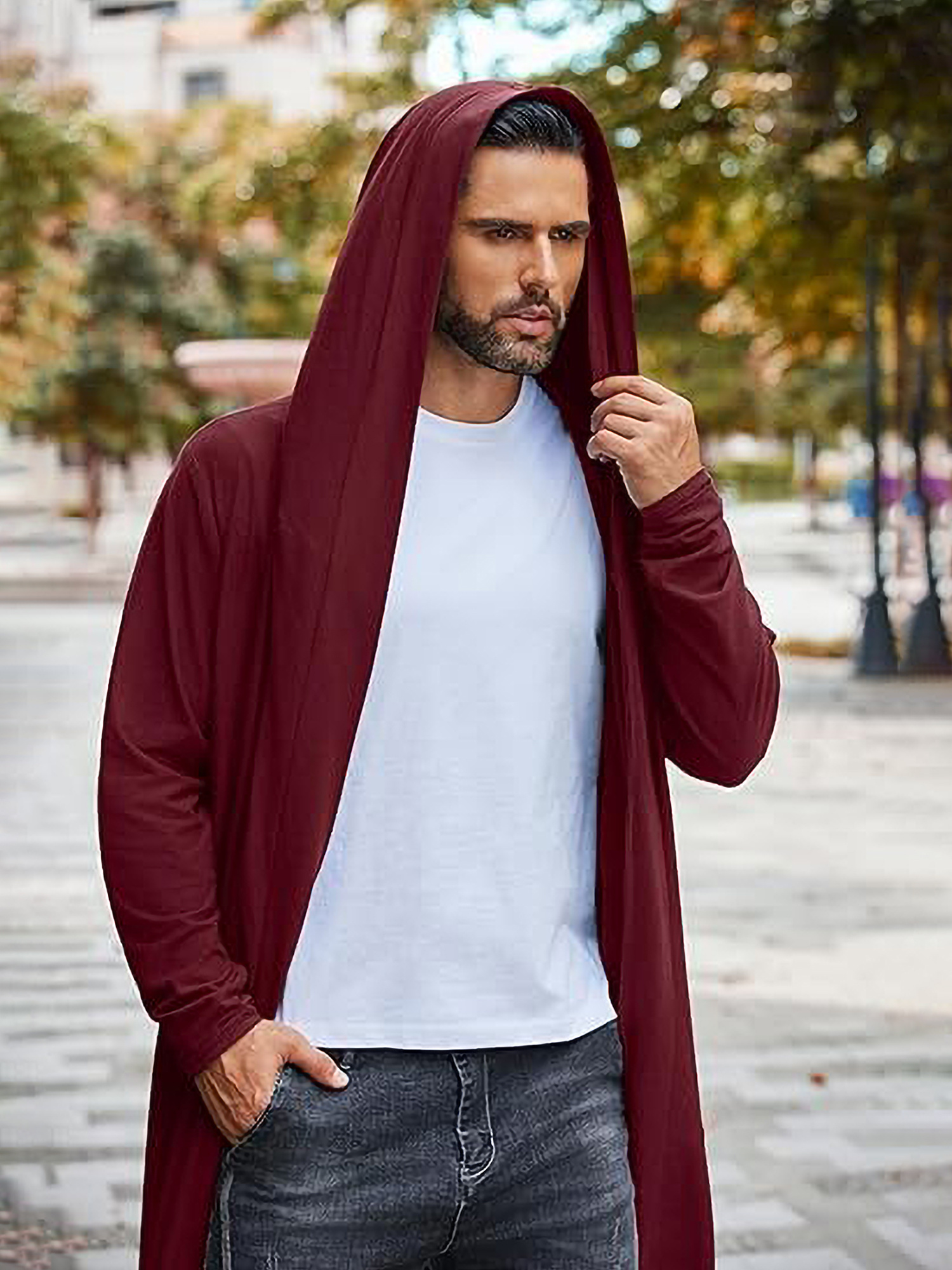 Coat Long Hooded Cardigan Mens Knitted Hoodie Mens, Mens Long