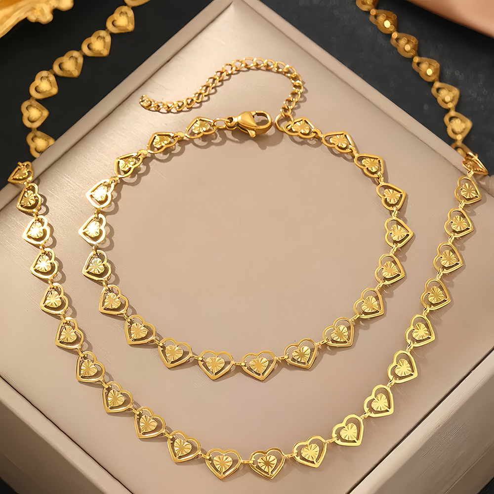 TEMU Bohemian Vintage Hollow Heart Women's Necklace Bracelet Jewelry Set, High-quality Stainless Steel, Golden Silvery, 18k Golden Plated,