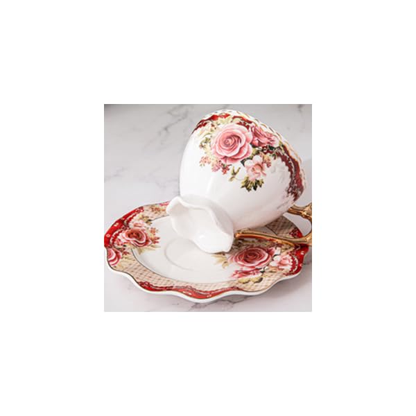 1pc elegant floral tea cup and saucer set - elegant  -pink & golden porcelain   service with matching spoon, large 7oz cup, dishwasher safe - wedding, housewarming, birthday, mother s day gift - vintage tableware for everyday or formal dining - antique orange  ,  , & cadmium-free, ideal for latte, cappuccino, tea, espresso, cups for tea,   bar accessories,  , teacup,   Product details 6