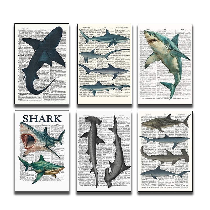TEMU 6pcs Shark Mural Art Print - Frameless Small Wall Decals Suitable For Home Office & Entryway - Shark Pictures For Room, Decor - Nostalgic