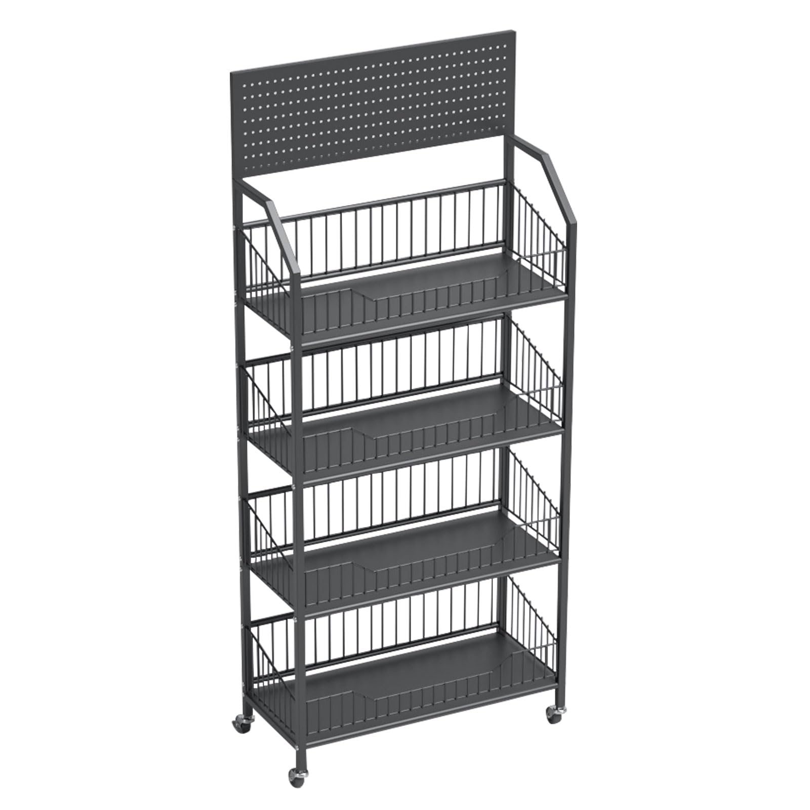 TEMU 4 Tier Supermarket Snack Rack Display Stand, Free-standing Black Retail Display Shelves With 12 Hooks & 4 Wheels, Heavy Duty Metal Snack Shelf