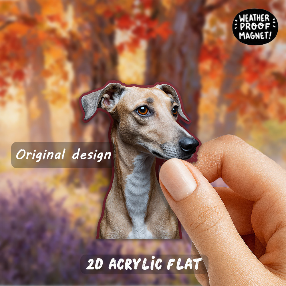 TEMU 1pc Elegant Whippet Dog Magnet Suitable For Dog Lovers, Glossy Acrylic Fridge Magnets With Brown- Whippet Portrait On Maroon Backdrop, Decor For