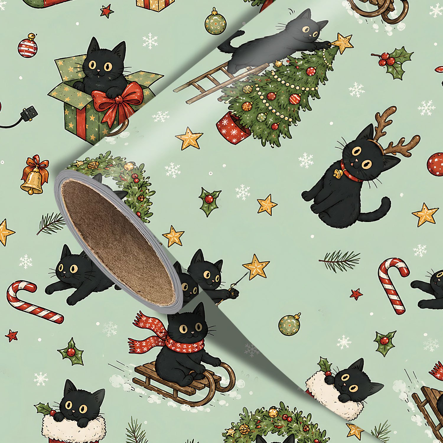 TEMU 1 Rouleau de de Noël Vintage avec Bois de , Écharpes Tricotées, de Neige et Clochettes - Papier d'Emballage Rétro Multicolore pour Cadeaux de