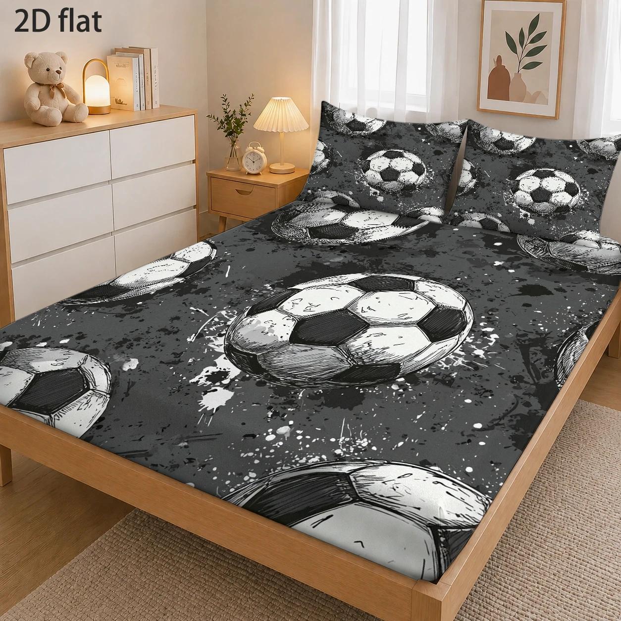 TEMU 3pcs Mattress Protector Set, 1 Fitted Sheet   2 Pillowcases, No Filling, 2d Flat Printing, Soccer Sports Theme, Sketch Style, Sports Festival,