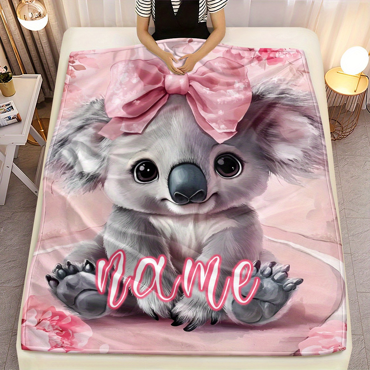 Personalized Pink Cute Koala Travel Blanket, Lightweight Flannel